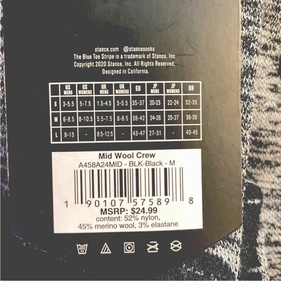Stance Mid Wool Crew Performance Socks Men’s Medium 6-8.5 Black 2 Pair - New - Picture 8 of 9
